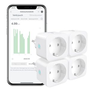 EIGHTREE Smart WLAN Steckdose, Smart Home WiFi Steckdose mit Stromverbrauch Messen, Zeitplan, Fernzugriff, TÜV Zertifiziert, 16A, Funktioniert mit Alexa, Google Home, SmartThings, 4er Pack