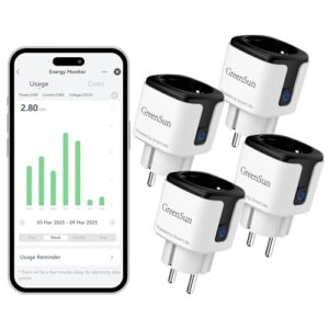 GreenSun Stromzähler für Steckdose Wlan Steckdose - Smart Life app Smart Home Stromverbrauch Energiekostenmesser Zeitschaltuhr Sprachsteuerung Wifi Stecker 2.4G Schwarz 4pc