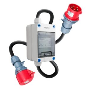 WSPIHO 32A Mobiler Digitaler Stromzähler 3 Phasen mit LED,CEE Adapter 32A auf 32A,IP44 5 Pin Stecker und Kupplung mit 2,5 mm² CEE Verlängerungskabel (32A 0.5M+0.5M)