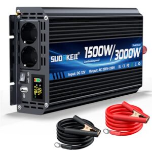 Wechselrichter 12V 230V 1500W/3000W Spannungswandler Modifizierte Sinus Sine Wave Inverter mit 2 AC Steckdose und USB und Type-C Port für Auto Wohnmobil Fahrzeuge