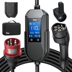 Tera Mobile Wallbox EV Ladegerät Ladestation : 11kW CEE 16A auf Typ 2 IP66 & CE 3-Phasig 7.5m 2,8” Steuerbarer Digitalanzeige für Model Y/3, ID.3/4/5, MG4, EX30, e-up, e-tron, Zoe und Andere EV P06