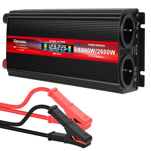 Wechselrichter 12V auf 230V Spannungswandler 1300W / 2600W Stromwandler mit LCD-Display, 2xSteckdosen, 2xUSB, Aluminium Gehäuse Mehrfach-Schutz Umwandler Inverter für Wohnmobil, Camping, Heimnutzung