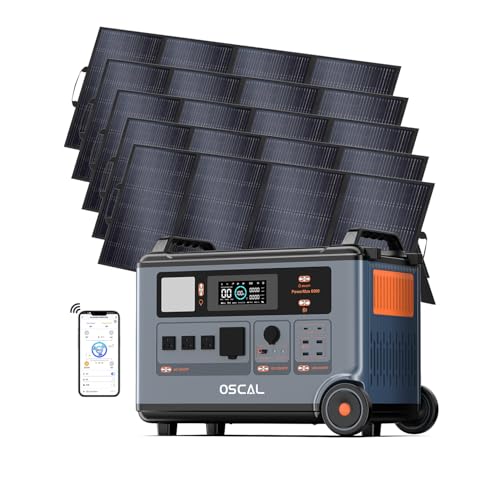 OSCAL PowerMax 6000 Solargenerator 6000W mit 5x400W Solar Panel, Tragbare Powerstation mit Solarpanel, LiFePO4-Akku, Erweiterbar bis 57,6 kWh, Vollladung in 1,96 Std, Mobiler Stromspeicher für Camping