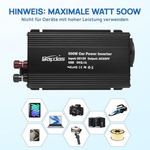 Bapdas 500W Spannungswandler 12V auf 230V mit USB – Bild 2