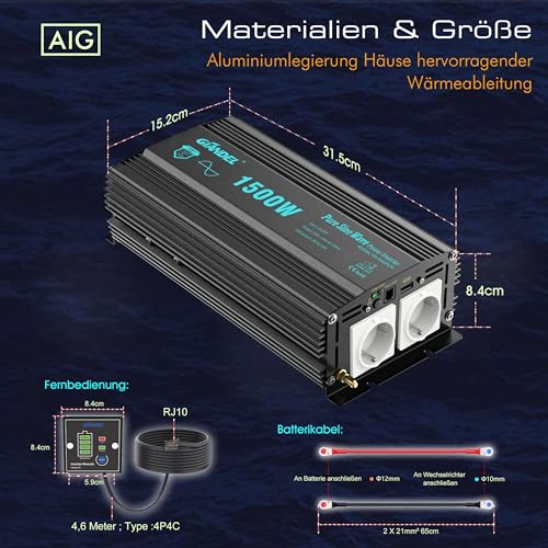 GIANDEL 1500W Reiner Sinus Wechselrichter 12V auf 230V – Bild 4