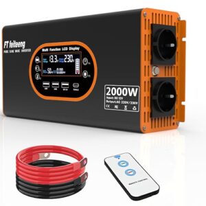 Wechselrichter 2000W 12V auf 230V Reine Sinuswelle - Spannungswandler LCD Display mit 2 EU-Steckdosen und 3 USB Typ-C Port，Steckdose mit Fernbedienung für Wohnmobil Auto Camping