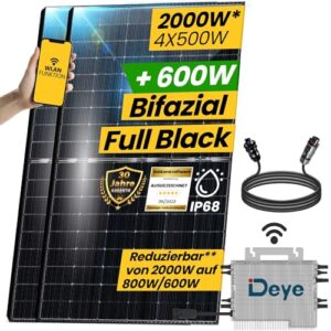 EPP.Solar® 2000W Balkonkraftwerk 2000W komplettset - Solaranlage mit 500W Bifazial Modul Black/Silber Rahmen, DEYE 2000W WIFI Wechselrichter, 5m Wielandstecker