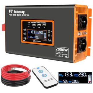 2000W Reiner Sinus-Wellenleistungsinverter, 12V DC bis 220V/230V AC-Konverter mit LCD-Display, USB-C-Anschluss und QC 3.0-Hafen für Camping-Notfallfahrzeuge Truck RV