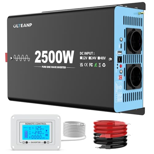 OLTEANP 2500W Spannungswandler 12v auf 230v Reiner Sinus Wechselrichter -Power Inverter Konverter mit 2 AC-Ausgängen, USB&Type-C Anschluss, für LKW, Fahrzeug,Fernbedienung mit LCD-Bildschirm