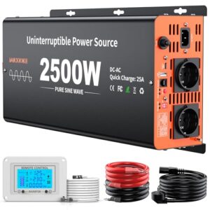 2500W Wechselrichter 12V auf 230V Reiner Sinus mit Netzvorrangschaltung und ladefunktion 25A und USV Funktion,Spannungswandler mit LCD Fernbedienung,USB-A,USB-C 30W für Wohnmobil LKW