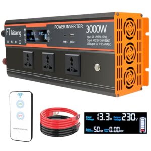 3000W Wechselrichter 12V auf 230V, Inverter 12V 230V mit 3 AC-Steckdosen, LCD-Display, kabellose Fernbedienung, USB-Ladeanschlüsse Type-C, geeignet für Auto, Wohnmobil, Outdoor