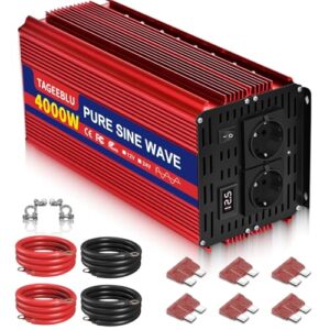 TAGEEBLU 4000W Reiner Sinus Wechselrichter DC 12V auf AC 230V Spannungswandler, Wechselrichter für Fahrzeuge mit Alligatorclip, 2 AC Steckdose und LCD Bildschirm