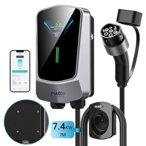 QIAO)) 7.4kW EV Charger Type 2 with 7M Charging Cable Smart APP 4.3' LCD Screen Display, Max. 32A Electric Car Charger Station, Wallmount Home Wallbox Charger Cable Type 2 Plug wtih EV Cable Holder