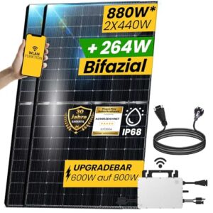 EPP.Solar® 880W Balkonkraftwerk 800W komplett Steckdose, Solaranlage Komplettset mit 2x440W Bifaziale Solarmodule, Upgradefähiger 800W HMS Wechselrichter mit Relais - Balkonkraftwerk Komplettset