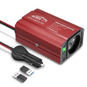 AUCARAUTO 300W Spannungswandler, Wechselrichter 12V auf 230V Stromumwandler mit 4.8A Duales USB kfz ladegerät und Auto Steckdose, Laden Sie Ihr Laptop, iPad, iPhone, Tablet Und Mehr - Rot