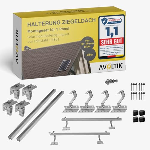 Avoltik Solar Ziegeldach Halterung für Balkonkraftwerk – PV Dachmontage Set für 1 Solarmodul 30–40 mm – Dachhalterung mit höhenverstellbaren Dachhaken aus Edelstahl & EASY-CLICK Befestigung