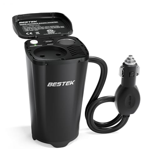 BESTEK Auto Wechselrichter 200W: Tasseförmiger KFZ-Spannungswandler 12V DC auf 230V AC Power Inverter mit 2 USB-Anschlüssen & Zigarettenanzünder-Adapter für Auto/Reise – Kompakt & Leistungsstark