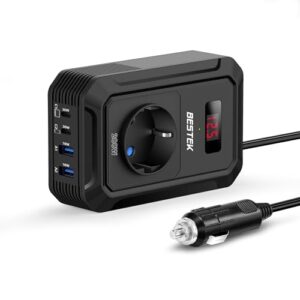 BESTEK 200W Spannungswandler 12 V auf 240 V 230 V AC Auto-Wechselrichter,3-pin Steckdosen,2PD 30W und 2 QC18W Anschlüsse Anschlüssen Zigarettenanzünderstecker,von Laptops, iPhones,und mehr,Schwarz