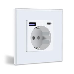 BSEED Schuko Steckdose mit USB C 20W Schnellladegerät USB Type C Wandsteckdose mit Glas Panel, USB Steckdose Unterputz, Einbausteckdose Geeignet für Phone, Pad,MP3 und mehr-Weiß