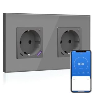 BSEED Wlan Schuko Steckdose mit USB C 20W Schnellladegerät,Smart Steckdose Unterputz mit Strommessung,Arbeit mit Alexa/Google Home,Stromzähler für Doppelsteckdose mit Smart Life App,2 Fach 157mm Grau