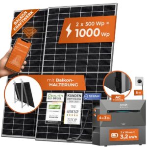 Solarway® All In One Balkonkraftwerk mit Speicher 1000W komplett Steckdose - 1,6-3,2 kWh Anker Solix 2 AC Speicher - Erweiterungsset für Ihr Balkonkraftwerk (Balkon Halterung, 3,2 kWh)