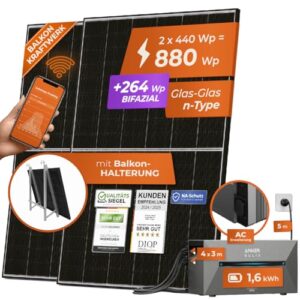 Solarway® All In One Balkonkraftwerk mit Speicher 880W komplett Steckdose - 1,6-3,2 kWh Anker Solix 2 AC Speicher - Erweiterungsset für Ihr Balkonkraftwerk (Balkon Halterung, 1,6 kWh Speicher)