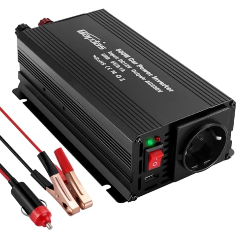 Bapdas 500W Wechselrichter DC 12 V auf AC 230 V Spannungswandler,USB-Anschlüssen (2,4A) für Auto, Wohnwagen, Camping, Laden von Handys, Laptops und Anderen Geräten