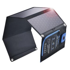 BigBlue 28W Tragbares Solar-Ladegerät mit 2 Ports (USB-C/USB-A), 5V/4A Gesamtausgang, IP44 Solarpanel mit Digital Amperemeter und Reißverschluss-Schutz für Geräte wie iPhone, Android, GoPro und mehr