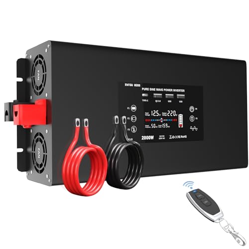 DATOUBOSS Wechselrichter 2000W/4000W 12V to 230V Pure Sine Wave Power Inverter mit Fernbedienung 2 EU Steckdosen, 3 USB, 1 Type-C Umwandler Spannungswandler für Auto,Wohnmobil, Kfz