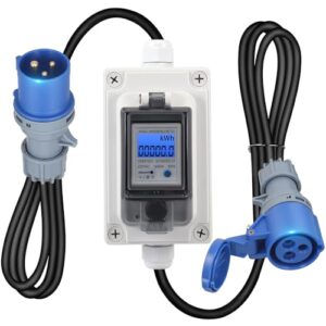 Mobiler Digital Stromzähler 230V 16A Stromzähler für Steckdose Outdoor mit IP67 Wasserdicht/LED/Reset, Mobile KWH Stromverbrauchmesser mit Gummischlauchkabel für Wohnmobile Elektrofahrzeuge Haushalte