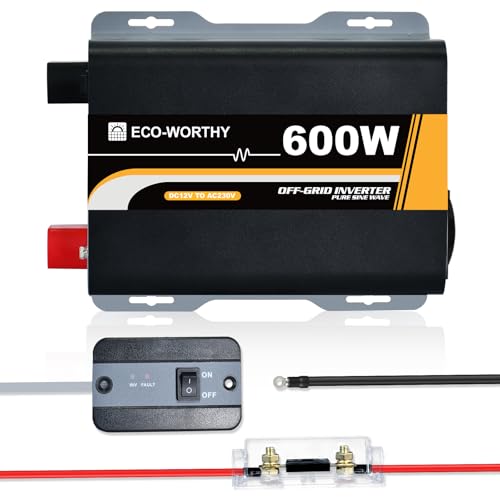 ECO-WORTHY 600W 12Vdc-230Vac Netzunabhängiger Solarwechselrichter Sinuswelle mit Fernbedienung & ANL-Sicherung & Batteriekabel für Auto Wohnmobil Caravan Camping und Solar System Haus