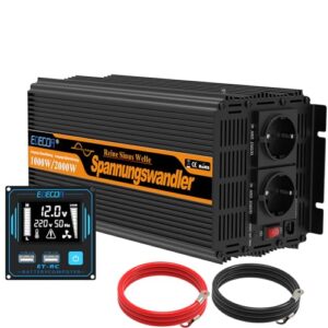 EDECOA Wechselrichter 12v 230v Reiner Sinus Spannungswandler 1000w mit Neuer Fernbedienung 2X USB und Bildschirm LCD für Wohnmobil, Sonnenkollektor KFZ (1000w Neue Fernbedienung)