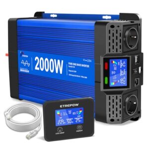 ETREPOW 2000W/4000W 12V Auf 230V Reiner Sinus Wechselrichter mit Fernbedienung, 2 EU Steckdosen, 2 USB+Tycp-C Anschlüssen, geeignet für Haushaltsgeräte, Wohnmobile, Camping Spannungswandler
