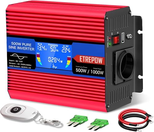ETREPOW 500w Wechselrichter 12v auf 230v Reiner Sinus Spannungswandler mit 2 USB,Drahtlose Fernsteuerung,LCD Bildschirm -Spitzenleistung 1000w Kfz Inverter