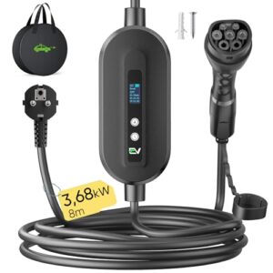 EVJUICION Ladekabel Elektroauto Typ 2 Schuko 3,68kW[1-phasig, 8m, 6-16A, IP67], EV Chargers Ladegerät mit Einstellbarer Ladeleistung Digitalanzeige für ID.3, ID.4, X1, Model Y/3, und Anderen PHEV/EV
