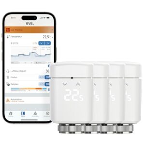 Eve Thermo (Matter) 4er Pack: Smartes Heizkörperthermostat, LED-Display mit Touch-Bedienfeld, Heizkosten sparen, Apple Home, Amazon Alexa, Samsung SmartThings, Google Home, Ben. Thread Border Router