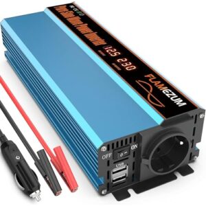 FLAMEZUM 1000W Wechselrichter 12V auf 230V Reiner Sinus Spannungswandler Auto Inverter Konverter mit 1 EU Steckdose und 2 x 3.4A 5V USB-Port