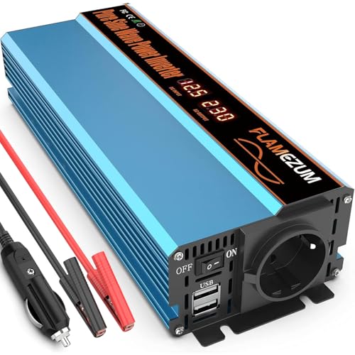 FLAMEZUM 1000W Wechselrichter 12V auf 230V Reiner Sinus Spannungswandler Auto Inverter Konverter mit 1 EU Steckdose und 2 x 3.4A 5V USB-Port