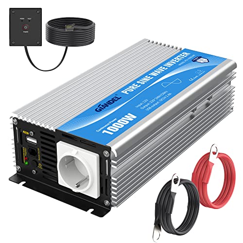 GIANDEL 1000W KFZ Wechselrichter 12V auf 230V Reiner Sinus Spannungswandler Umwandler-Inverter Konverter mit Fernbedienung EU-Steckdose & 2.4A USB-Anschluss