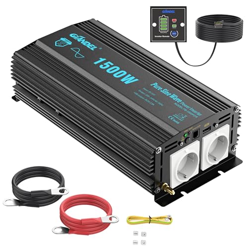 GIANDEL 1500W Wechselrichter Reiner Sinus 12V auf 230V KFZ Spannungswandler Power Inverter mit Fernbedienung und USB Anschlüsse für Wohnmobil LKW Auto