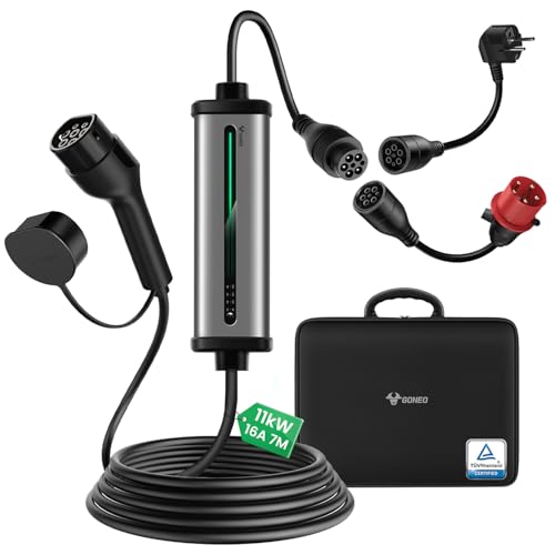 GONEO Mobile Wallbox/Ladestation 11kW 3-Phasig|8-16A|7m–Typ 2 Ladekabel mit CEE Stecker und Schuko Stecker mit Einstellbarer Ladeleistung,IP66,Kompatibel mit Model Y/3,ID3/4/5 und BEV/PHEV Tragetasche