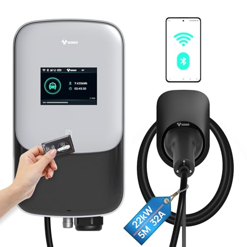 GONEO Wallbox 22kW 8-32A EV Ladestation 3-phasig OCPP mit 5m Typ 2 Ladekabel für EV/PHEV Ev-Ladegerät mit RFID-Karte IP65 IK10 Geschützter TFT-Bildschirm WiFi BT Ethernet App-Steuerung