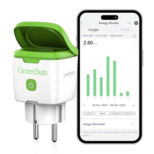GreenSun WLAN Steckdose Outdoor - Zeitschaltuhr Aussenbereich Stromzähler für Steckdose Aussensteckdose Wasserdicht IP44 mit Strommessung Zeitschaltuhr Kompatibel mit Alexa Google Home 16A 2,4GHz Wifi
