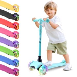 Hurtle Mini Kickboard Scooter für Kinder - Höhenverstellbar 63,5 cm - 71,1 cm, Leichter 3-Rad Roller mit LED Leuchträdern, rutschfest, für Kinder von 2-5 Jahren (Türkisblau)