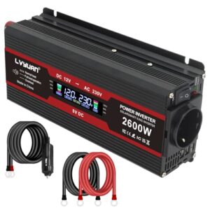 LVYUAN Wechselrichter DC 12V auf AC 230V 2600W Spannungswandler mit EU Steckdosen, 2 USB und LCD Anzeige Stromumwandler Adapter Power Inverter