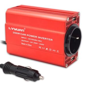 LVYUAN 300W Wechselrichter DC 12 V auf 230V AC Spannungswandler Auto Konverter mit Dual USB Ports & EU Steckdosen Stromumwandler, Rot Aluminiumlegierung Körper