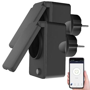 Luminea Home Control WLAN-Steckdosen Schalter: 2er-Set smarte WLAN-Outdoor-Steckdose, Energiekostenmesser, 16A, IP44 (Strommessgerät-Steckdosen, Zeitschaltuhr WiFi)