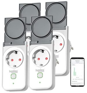 Luminea Home Control Smart-Steckdose TUYA: 4er Outdoor-WLAN-Steckdose, Energiekostenmesser, App, Matter (Strommessgerät Steckdose WLAN, Alexa Steckdose Smart Plug, Fernbedienung)