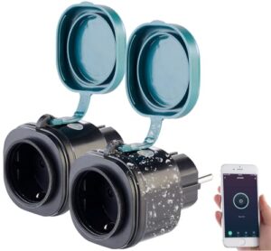 Luminea Home Control Elesion Steckdose: 2er-Set Outdoor-WLAN-Steckdosen mit Energiekostenmesser, App (Zeitschaltuhr mit Fernbedienung, WiFi Stecker, Weihnachtsbaumbeleuchtung kabellos)