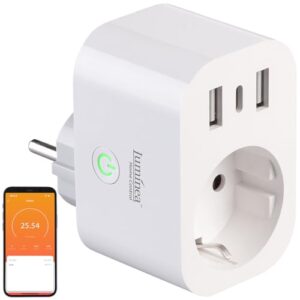 Luminea Home Control Steckdose mit Buchse: WLAN-Steckdose mit Energiekostenmesser, 1 x USB-C 20W, 2 x USB-A, 16A (WLAN mit Anschluss, Energiemessung, Bedienungsanleitung)